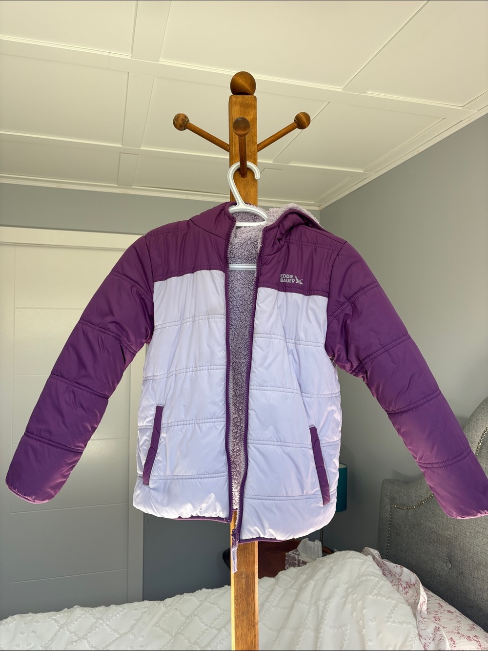 Eddie Bauer Reversible Girls' Two-Tone Purple Hooded Puffer Jacket